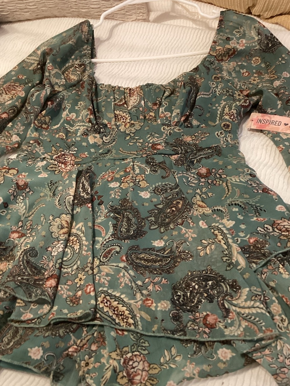 Inspire Teal Paisley Floral Peasant Blouse